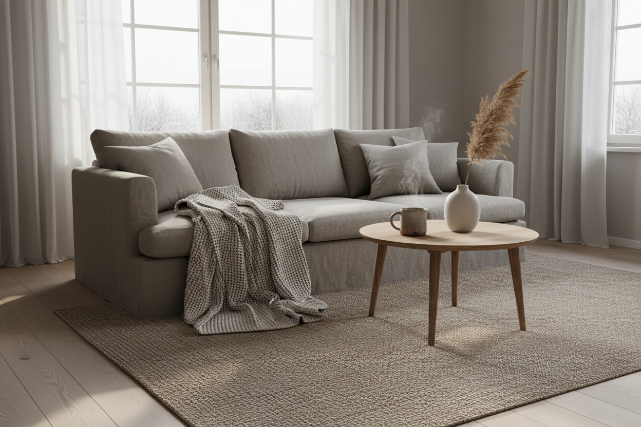 Scandinavian living room with a wool throw and a steaming mug of coffee