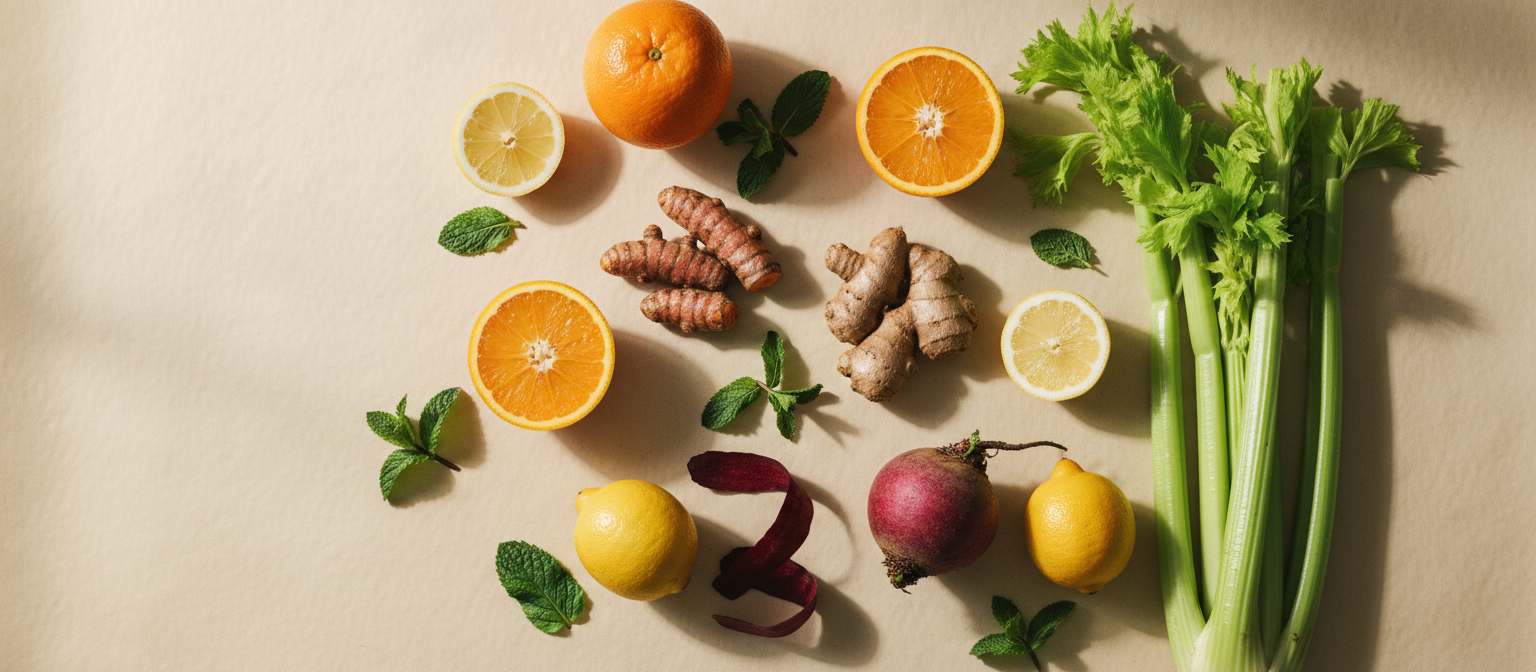 Fresh oranges, turmeric, ginger, lemon and beets laid out on a warm off-white surface