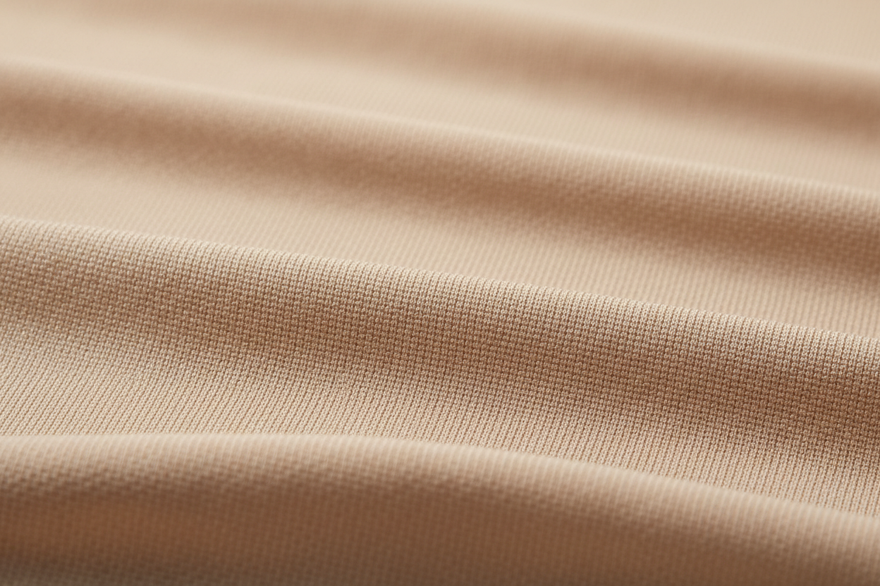 Macro detail of soft beige high-compression Colombian faja fabric showing its fine knit texture