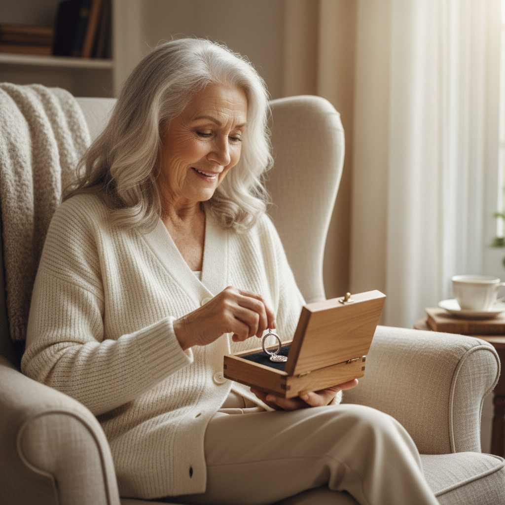 A grandmother holding an opened keepsake gift box in a sunlit chair