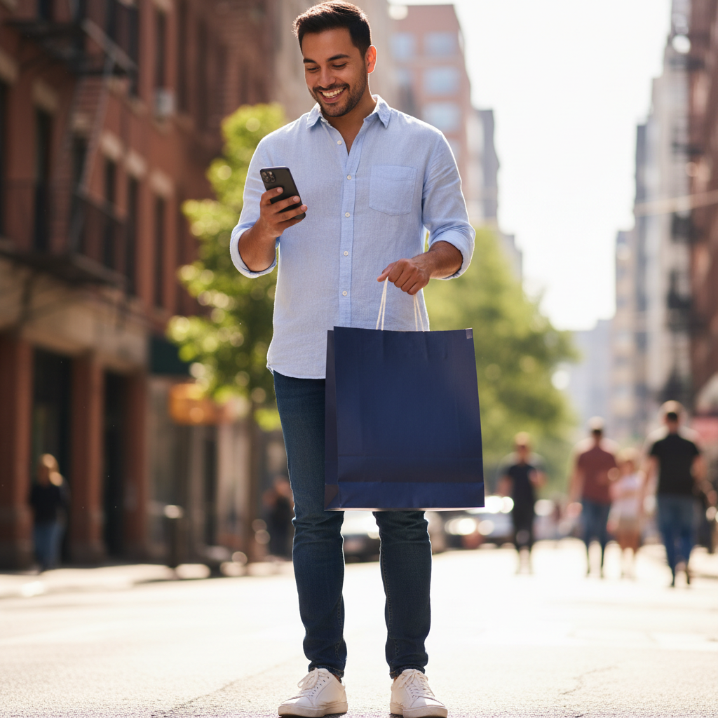 Cliente de iFresh Perú con su bolsa de compra y su iPhone