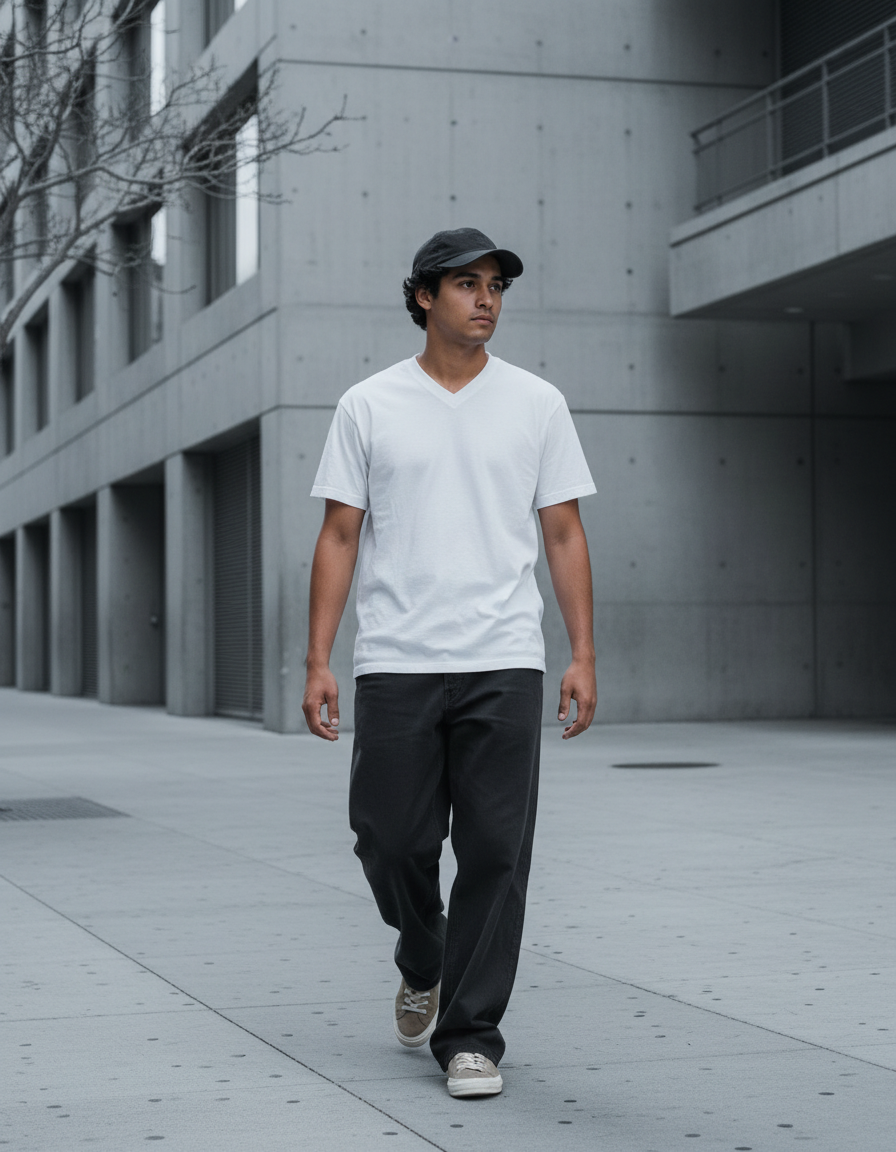 Walking a wide empty sidewalk in a white tee under overcast light