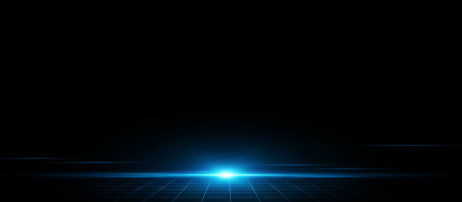 Neon blue glow against a black night sky