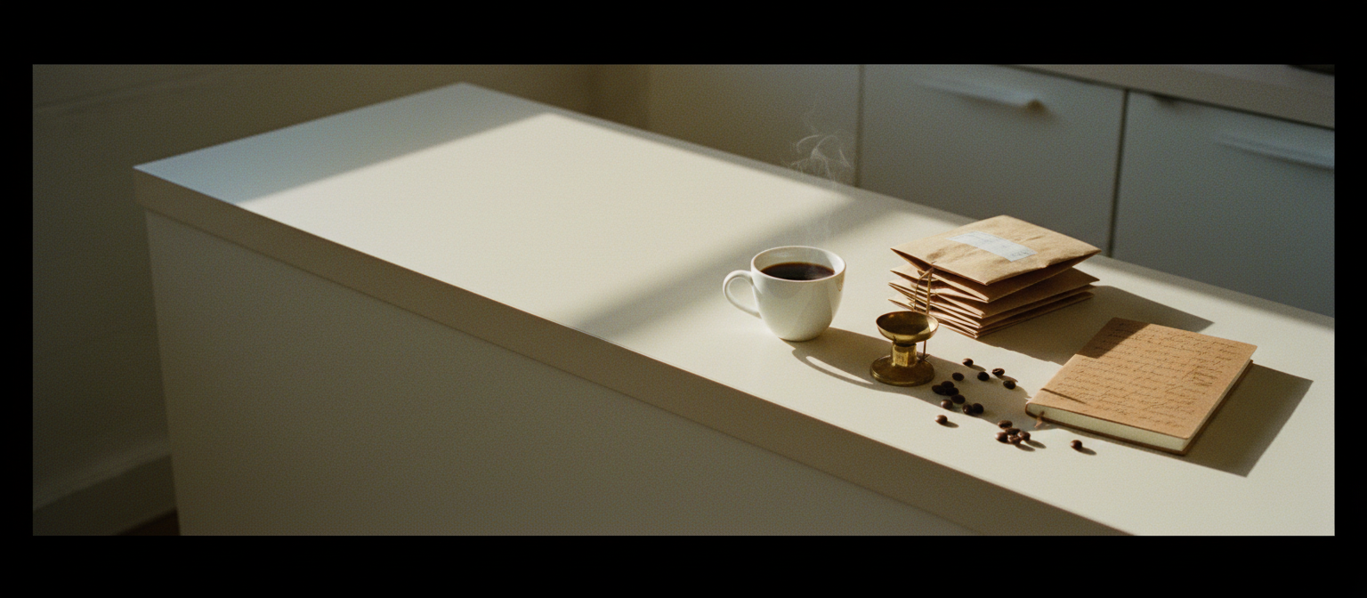 A roastery counter with folded coffee bags, a mug of black coffee and a small brass scale in morning light