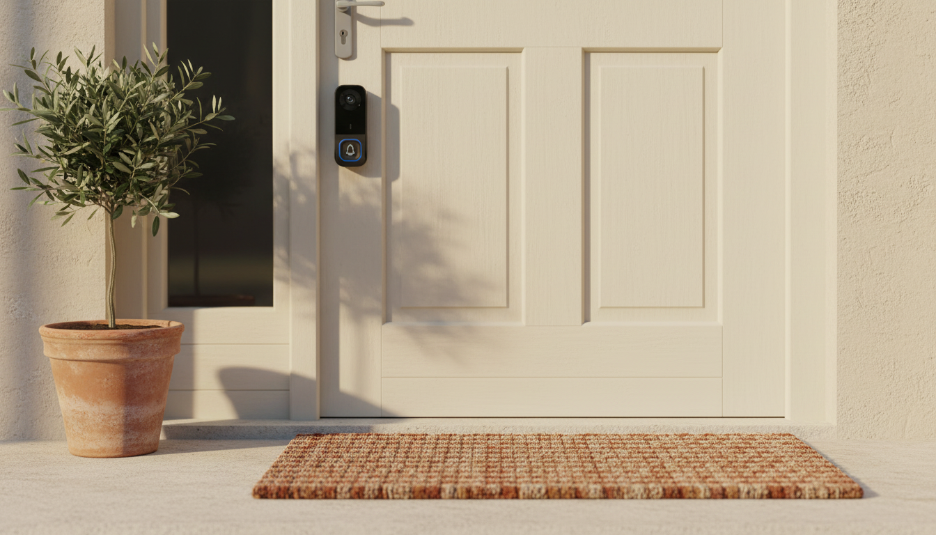 Compact black video doorbell mounted beside a cream front door in a warm, sunlit entryway