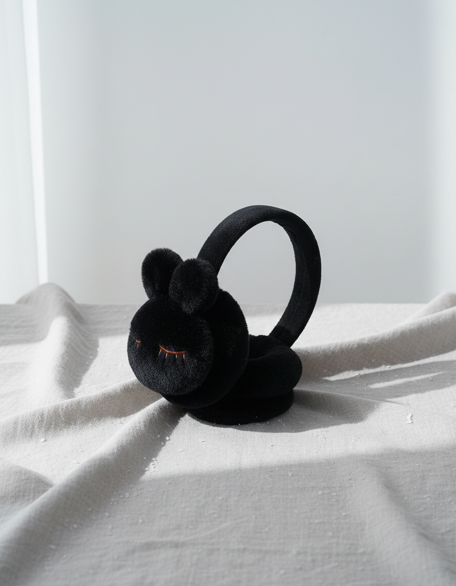 Plush children's earmuffs resting on soft pale linen