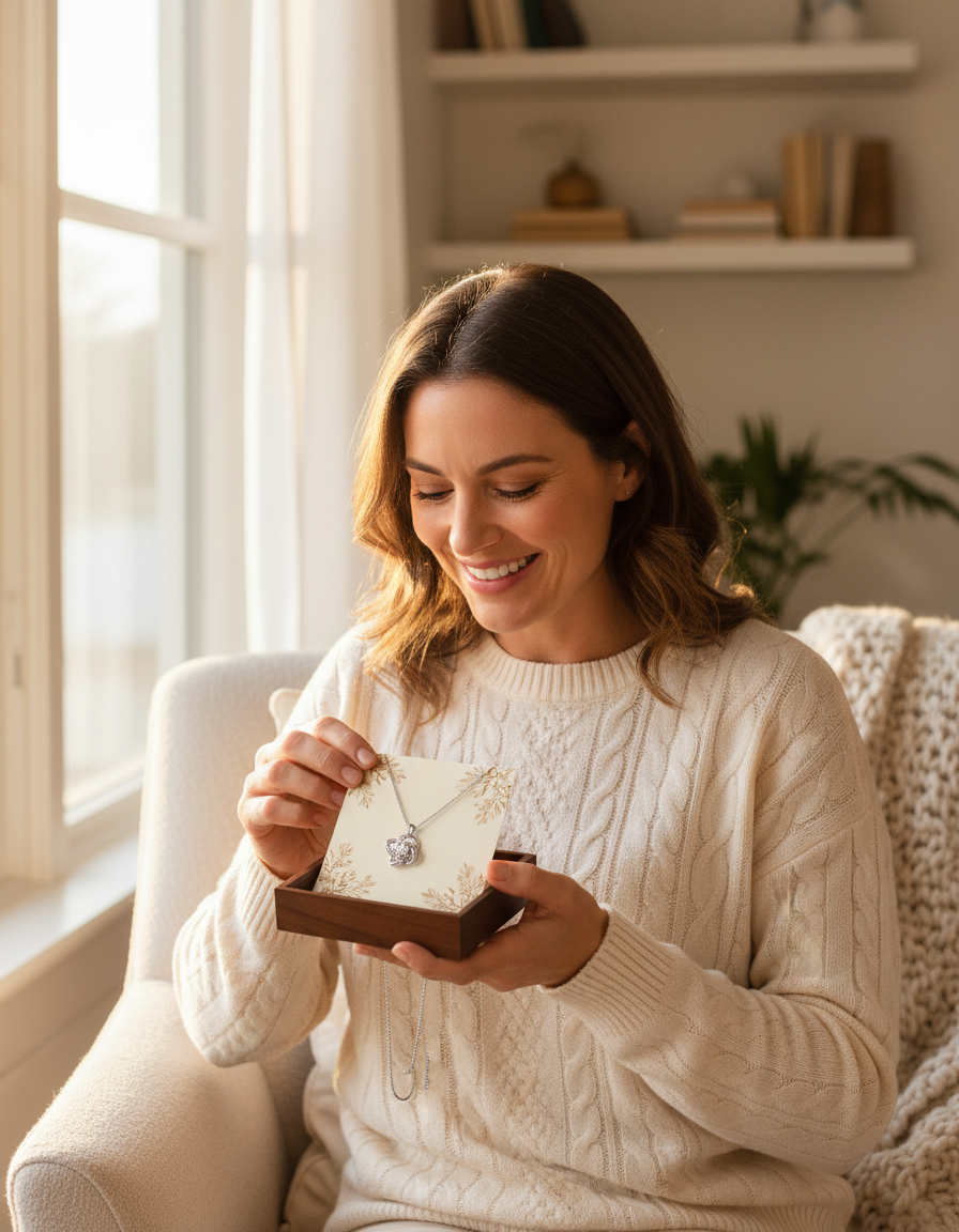 A woman opening a keepsake gift box holding a pendant necklace and a printed message card