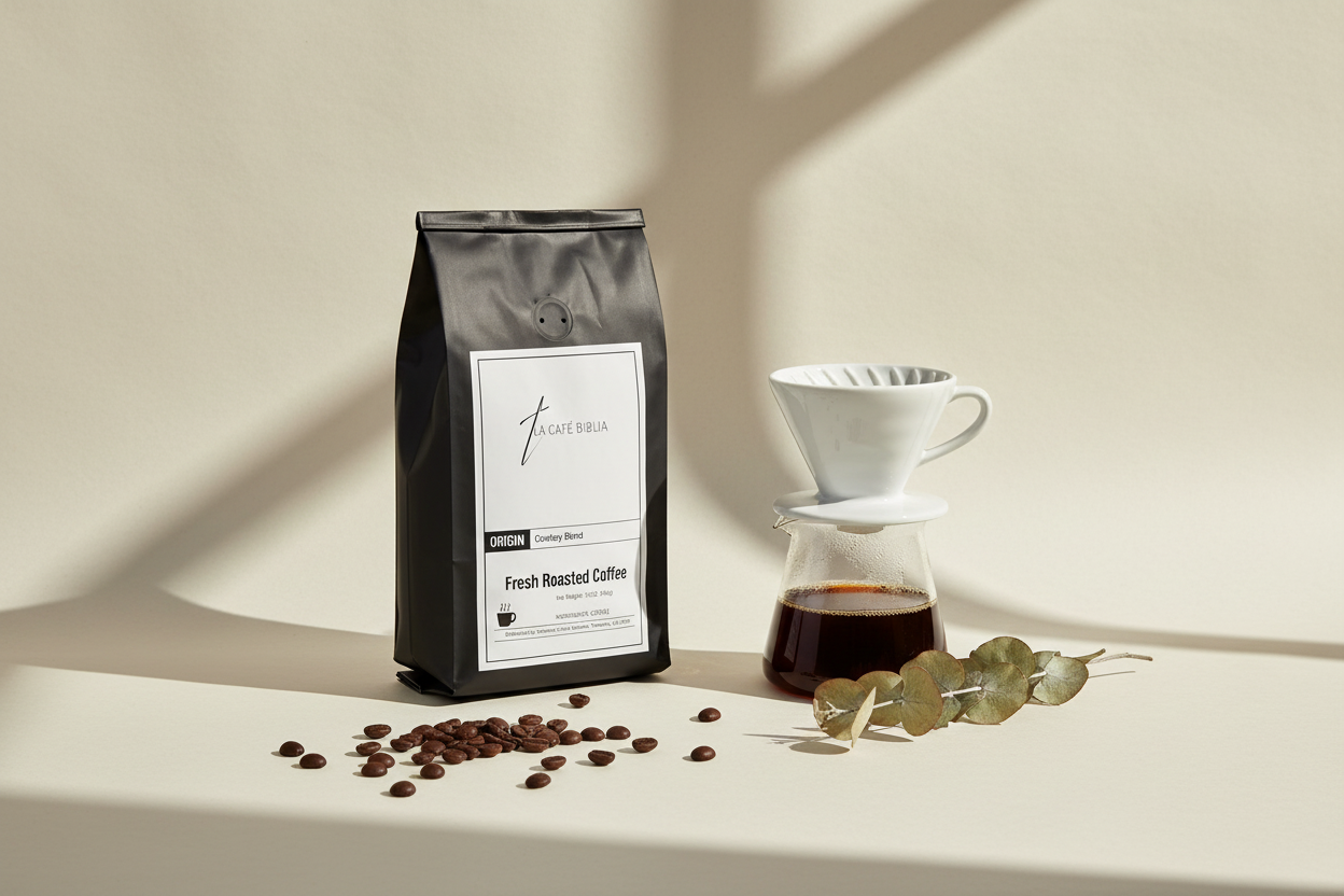 La Café Biblia coffee bag on a cream surface beside a pour-over dripper and carafe