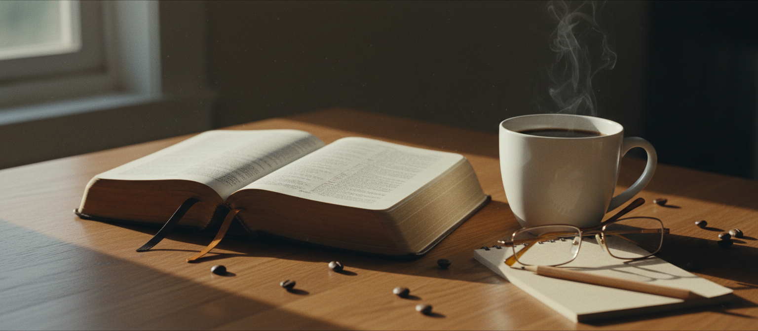 A worn leather Bible open on a wooden table beside a cup of black coffee in early morning light