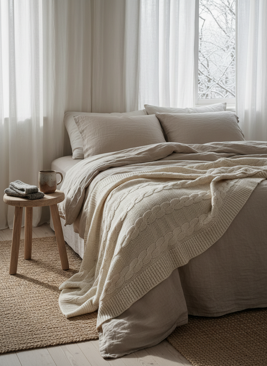 Winter bedroom corner with linen bedding, a knitted throw and wool socks