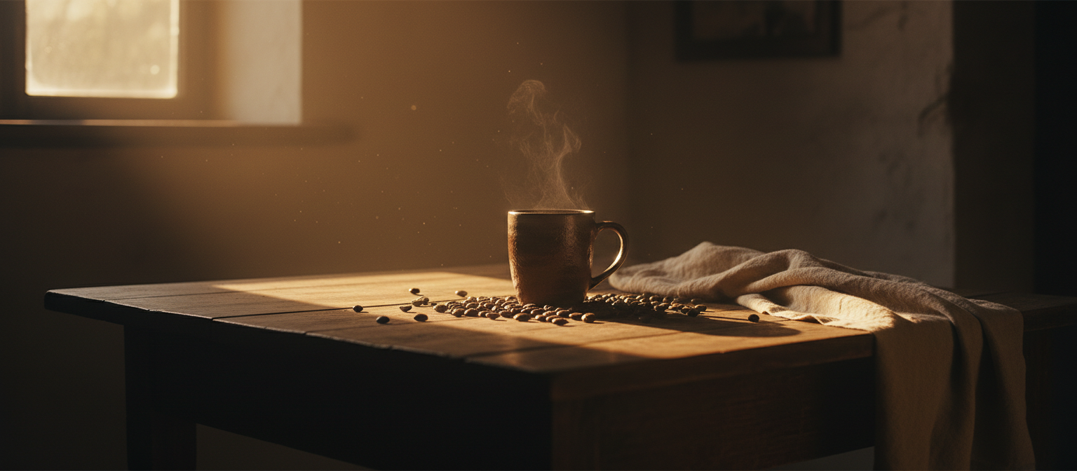 A steaming mug of coffee on a worn wooden table in low morning light