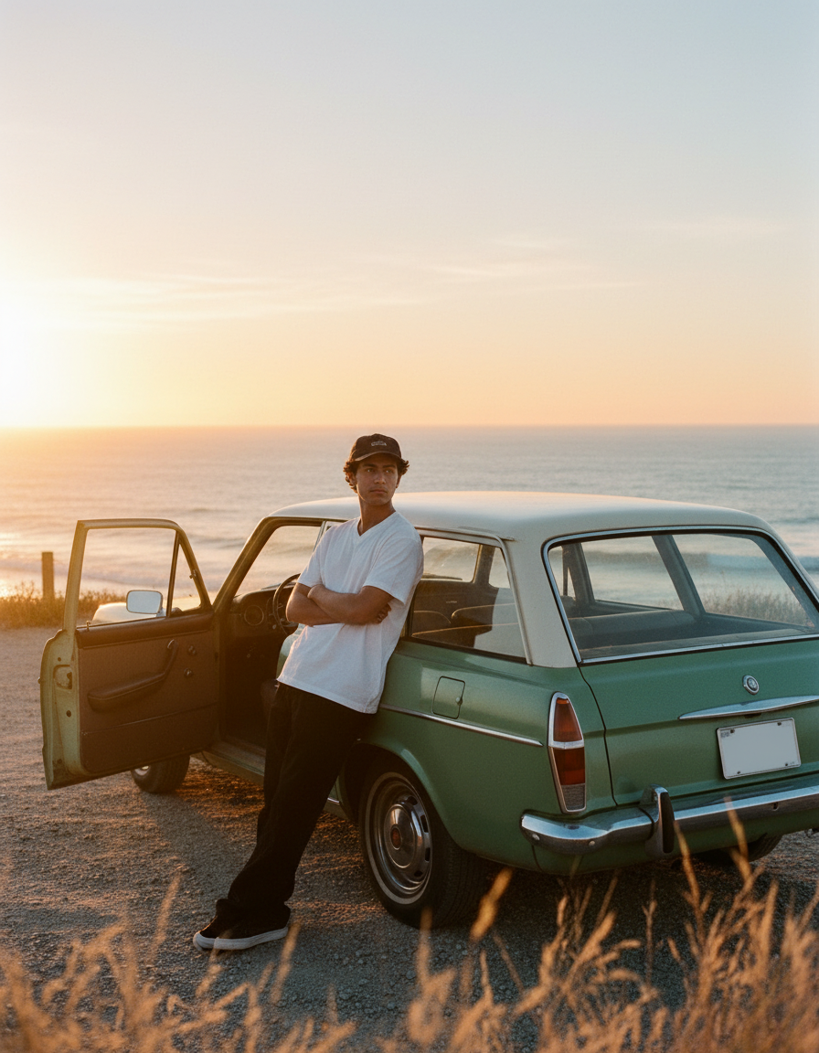 Leaning against an open car door on a coastal pull-off in low evening sun