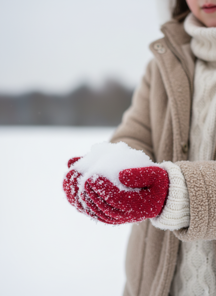 Child's mittened hands holding fresh snow