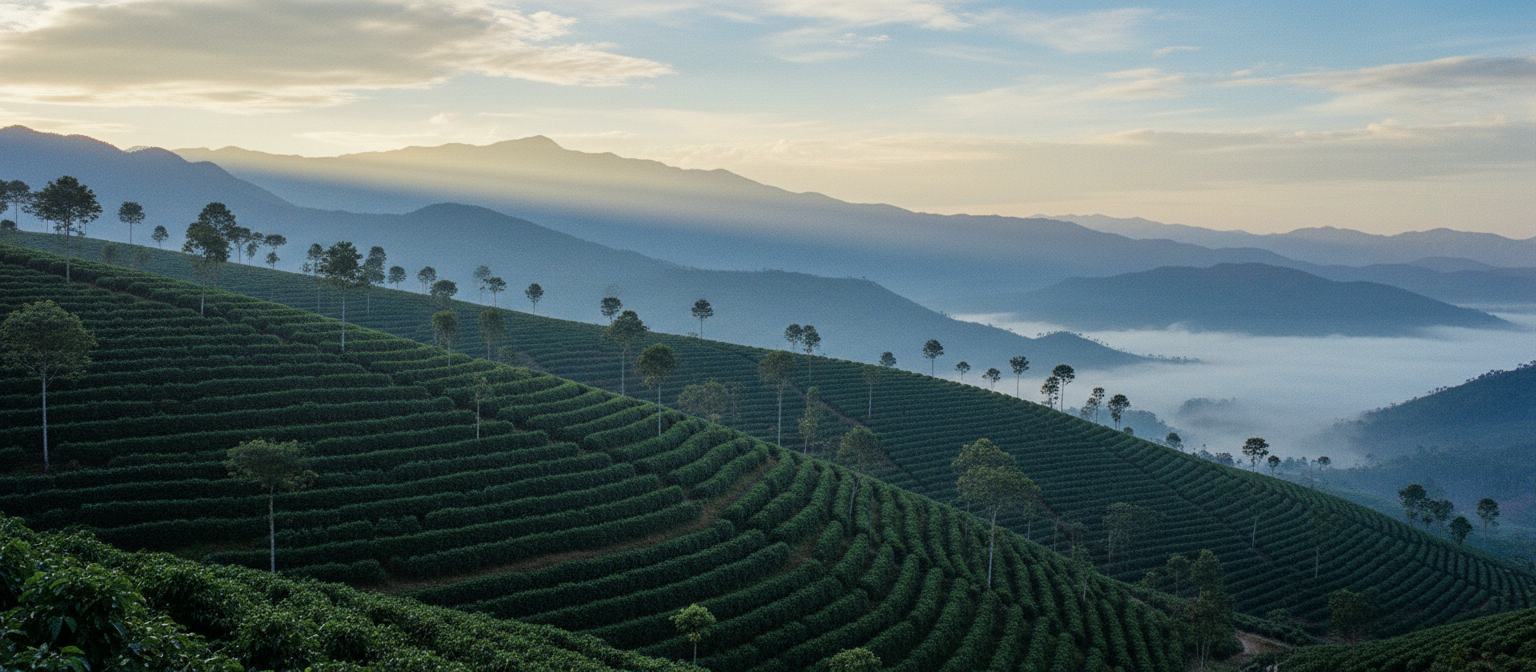 High-altitude coffee farm on a steep hillside with mountain ridges in morning mist