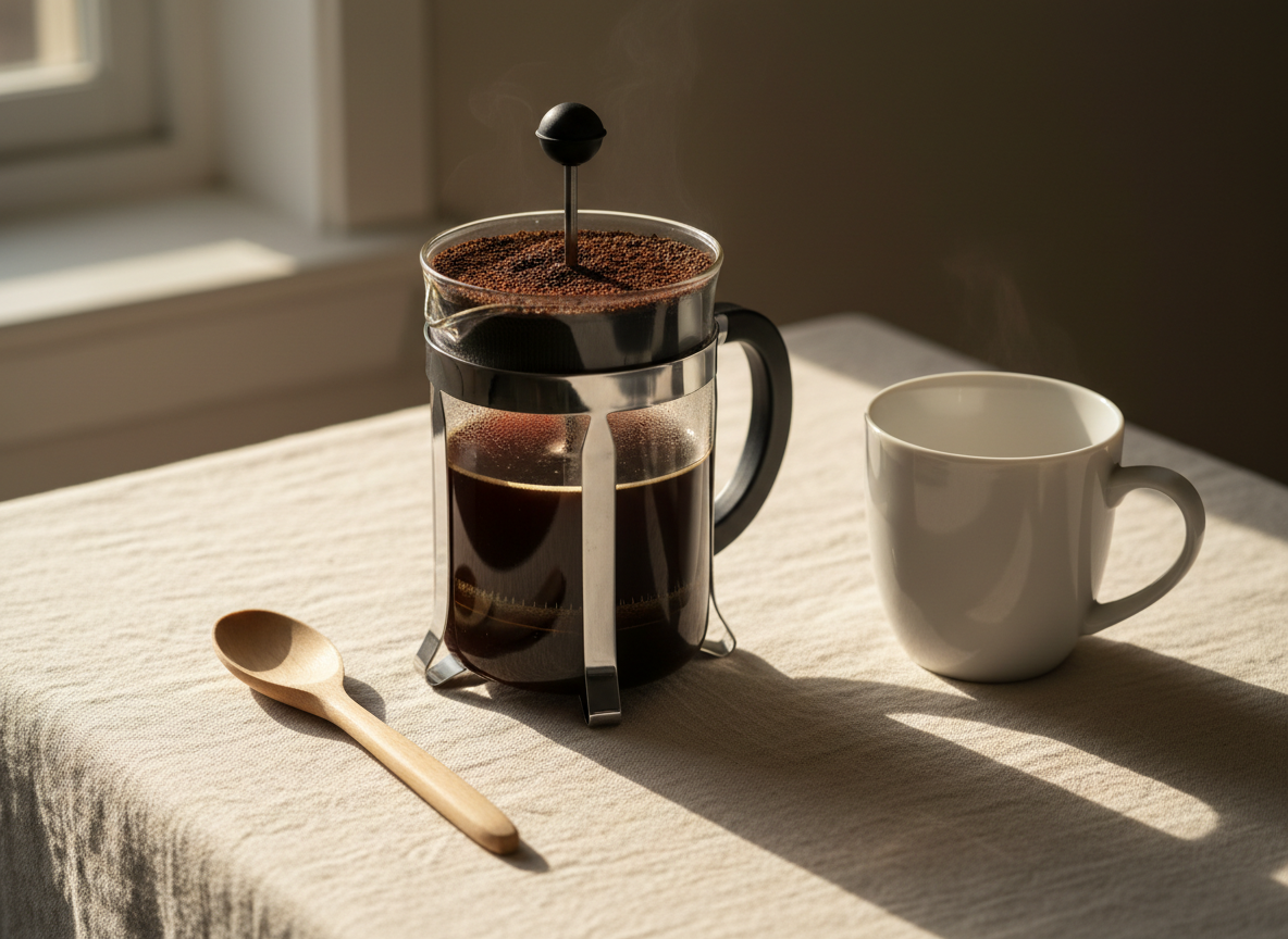 A glass French press steeping dark coffee beside a white ceramic mug