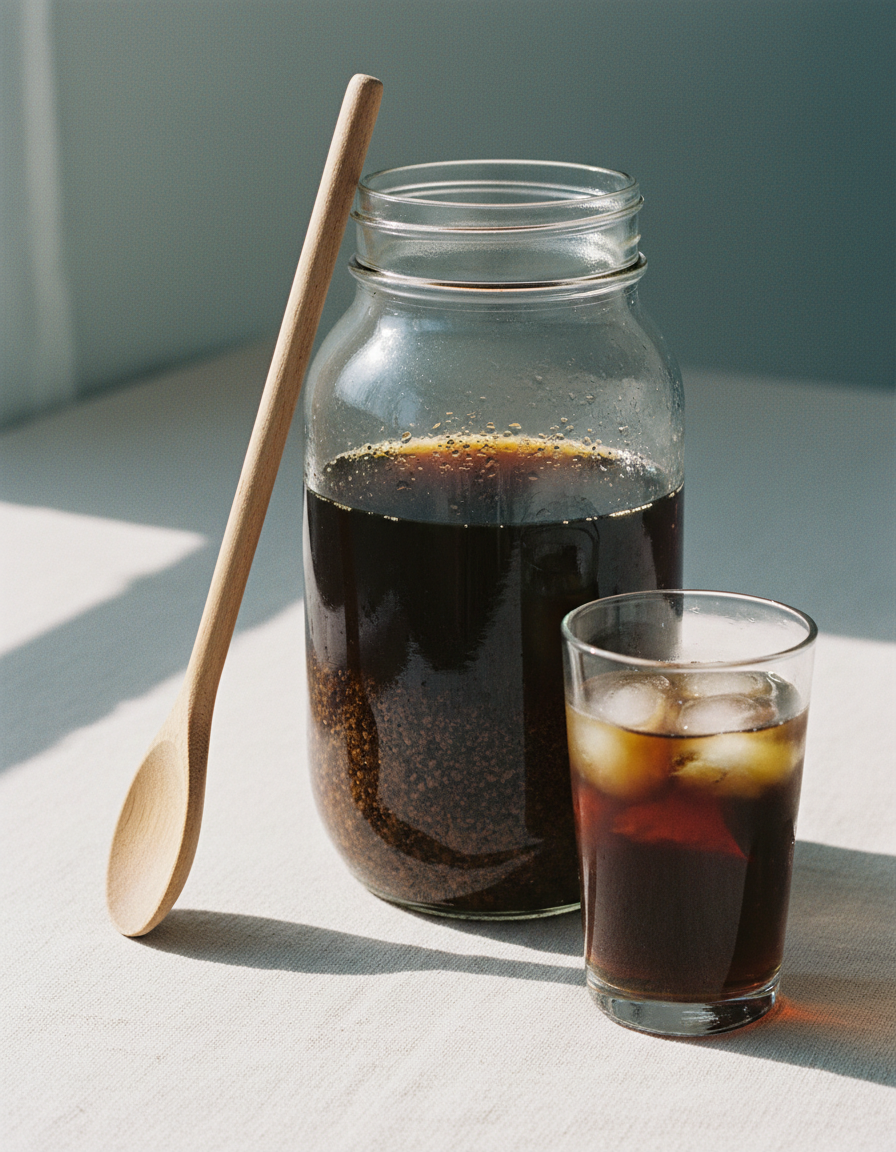 A glass jar of cold brew steeping with coarse grounds settled at the bottom