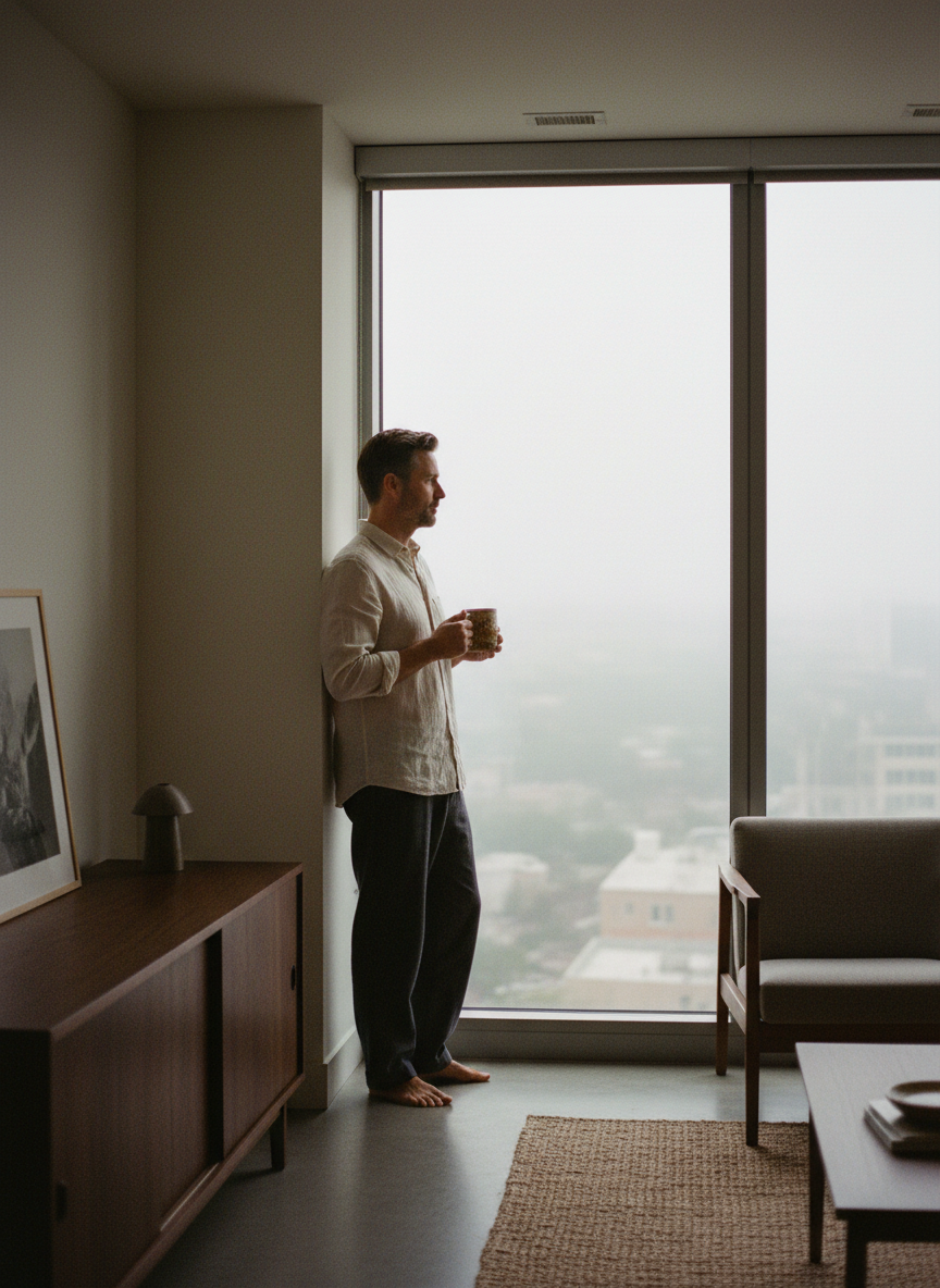 Man standing at a window with a warm mug in a sparse apartment