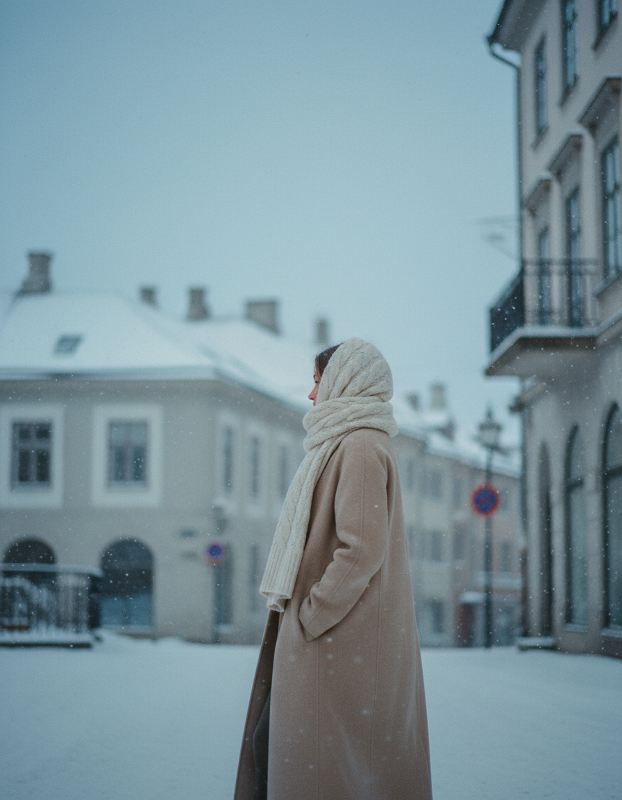 Woman in a wool coat and knitted scarf on a snowy Nordic street
