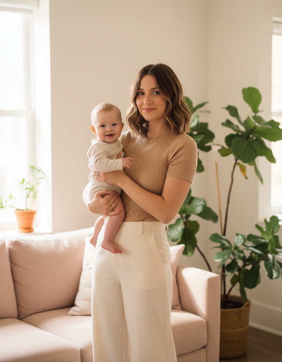 Mother standing confidently in a bright living room holding her baby on her hip