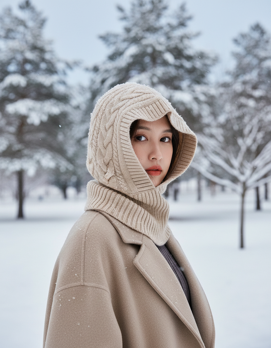 Woman wearing a cream cable knitted hooded neck warmer outdoors in the snow