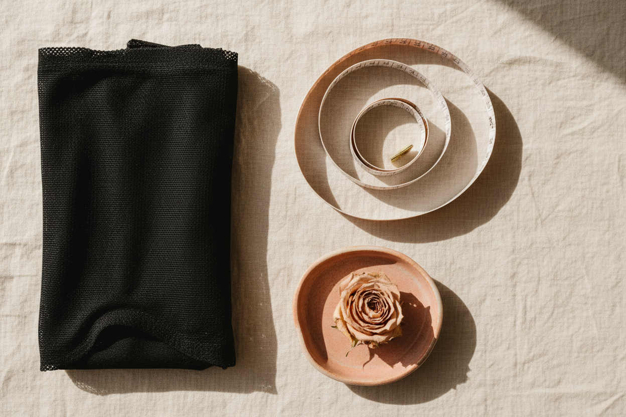 Flat lay of a cloth measuring tape, folded black powernet shapewear and a dried blush rose on ivory linen