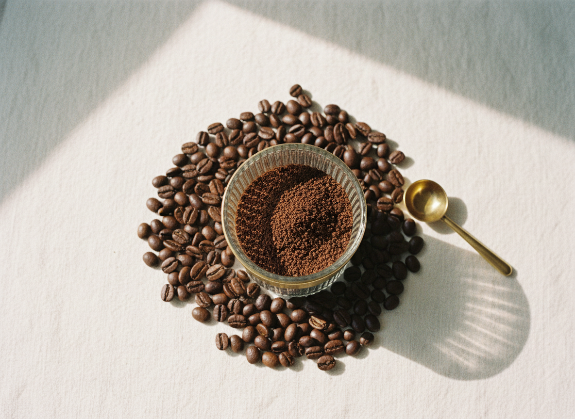 Freshly ground coffee in a grinder catch cup with whole beans scattered around