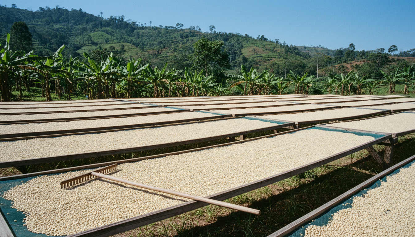 Coffee beans drying in even layers on raised mesh beds at a washing station