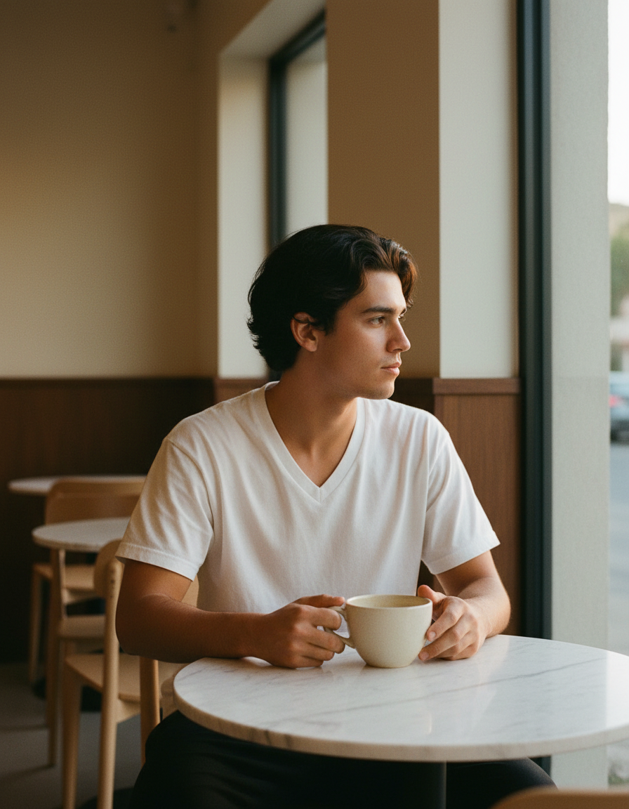 Seated at a cafe table in late afternoon window light