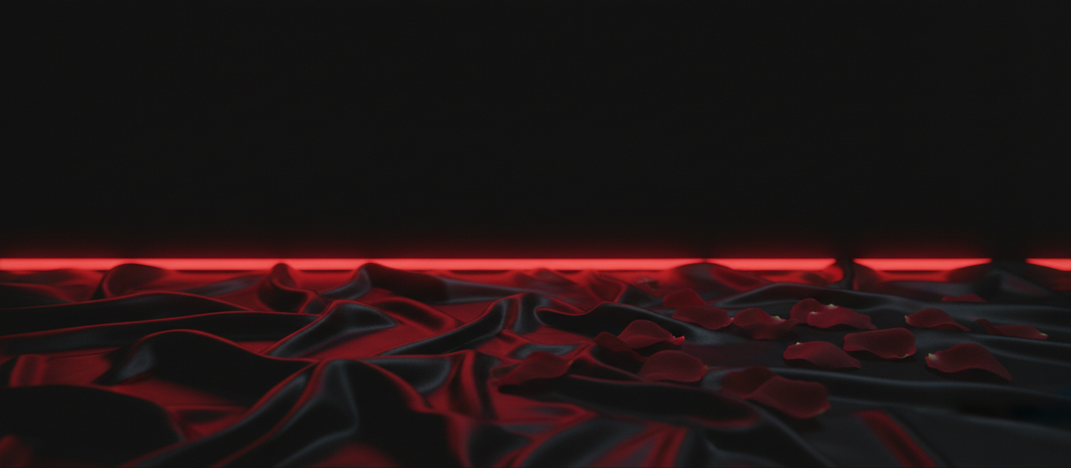 Sábanas de satén oscuro iluminadas por un haz de neón rojo
