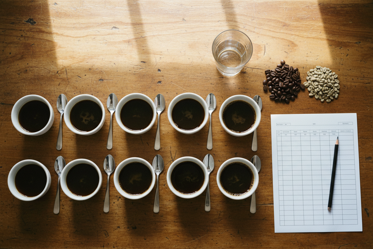 Cupping table with a row of white bowls of coffee, spoons and a scoring sheet