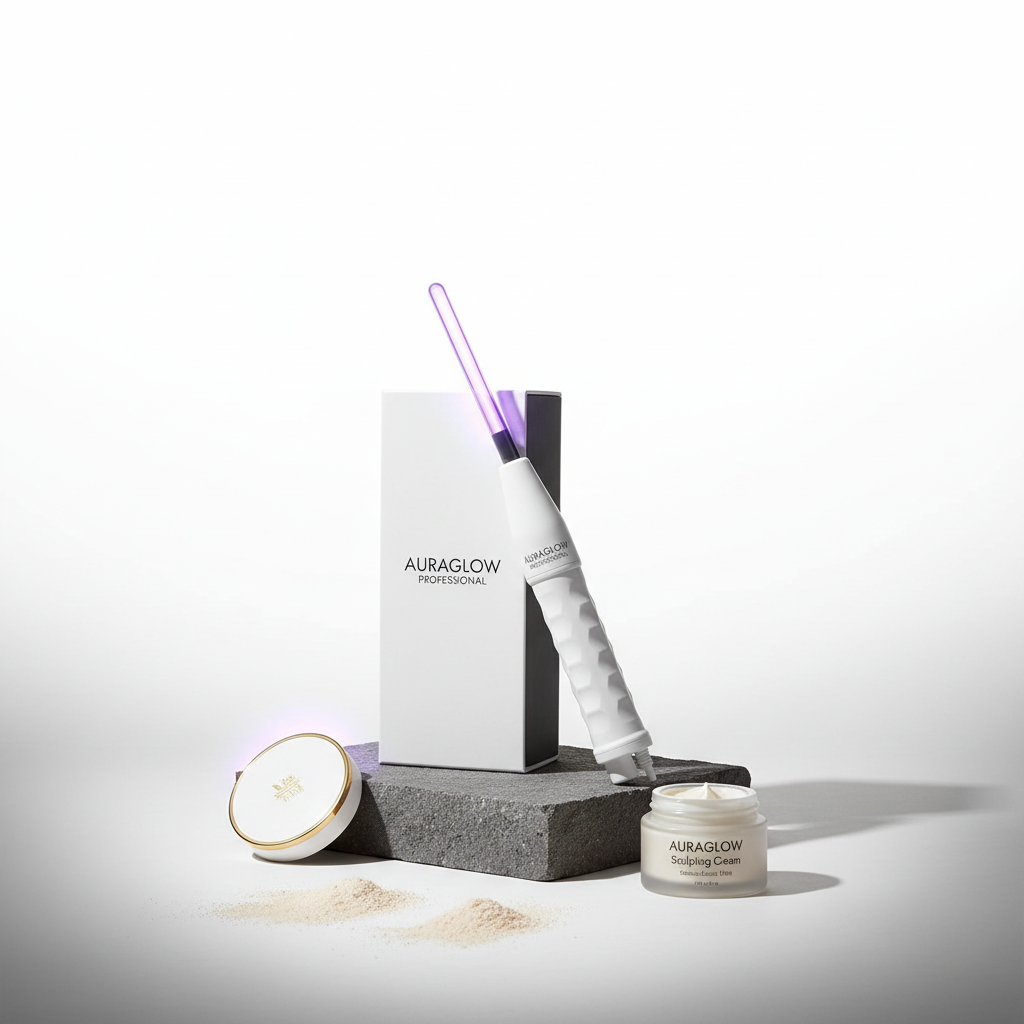 The AuraGlow Professional wand with its glowing violet electrode resting against its presentation box, beside a white and gold compact, a jar of ivory cream and soft powder swatches