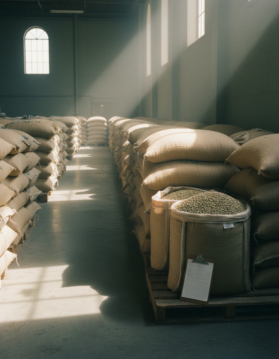 Stacked burlap sacks of green coffee in a cool warehouse, one open at the top