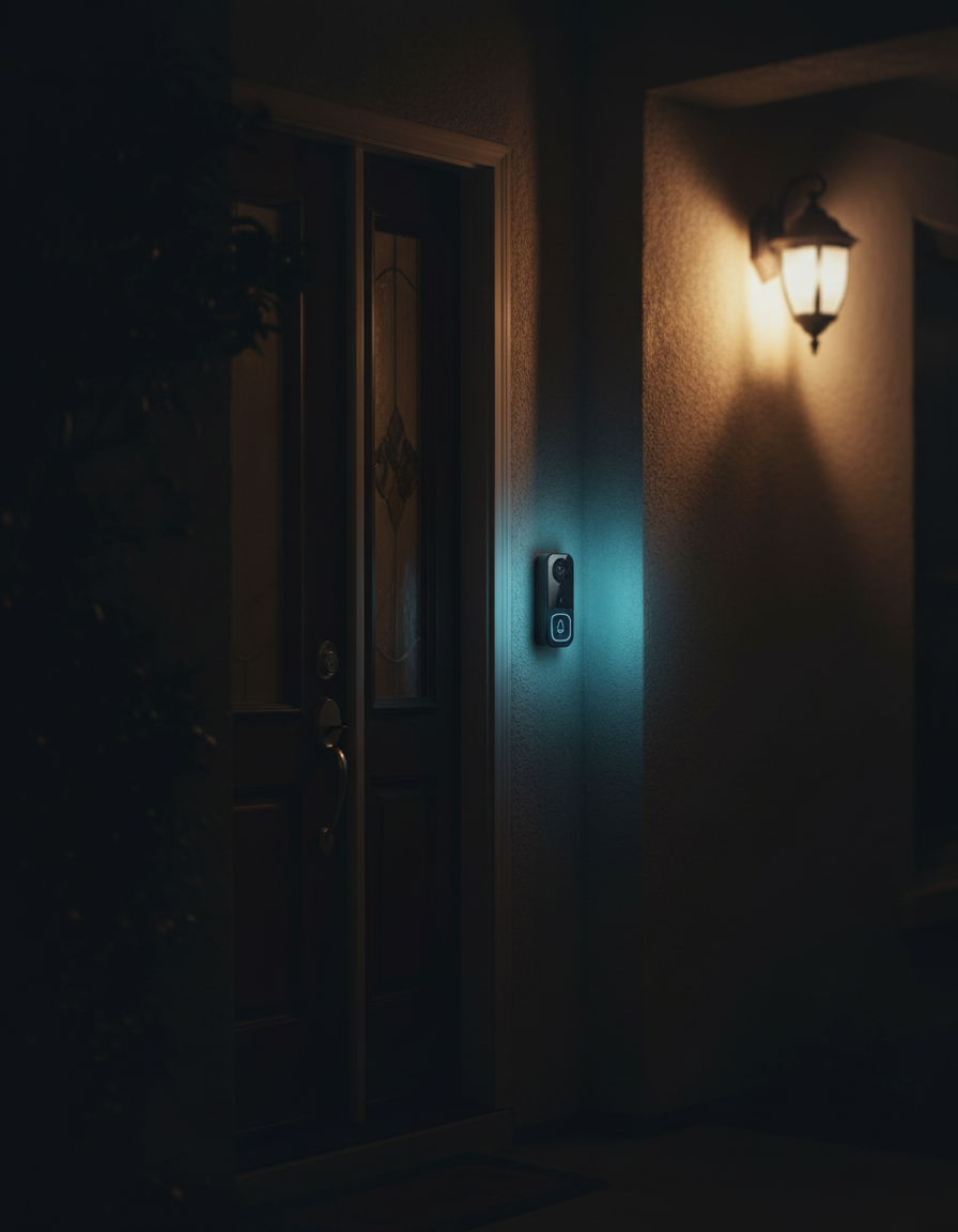 Doorbell glowing softly beside a front door at night