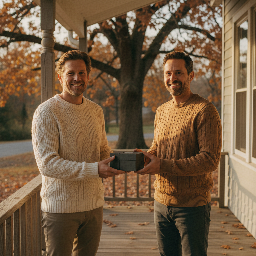 Two brothers exchanging a small keepsake gift box outdoors