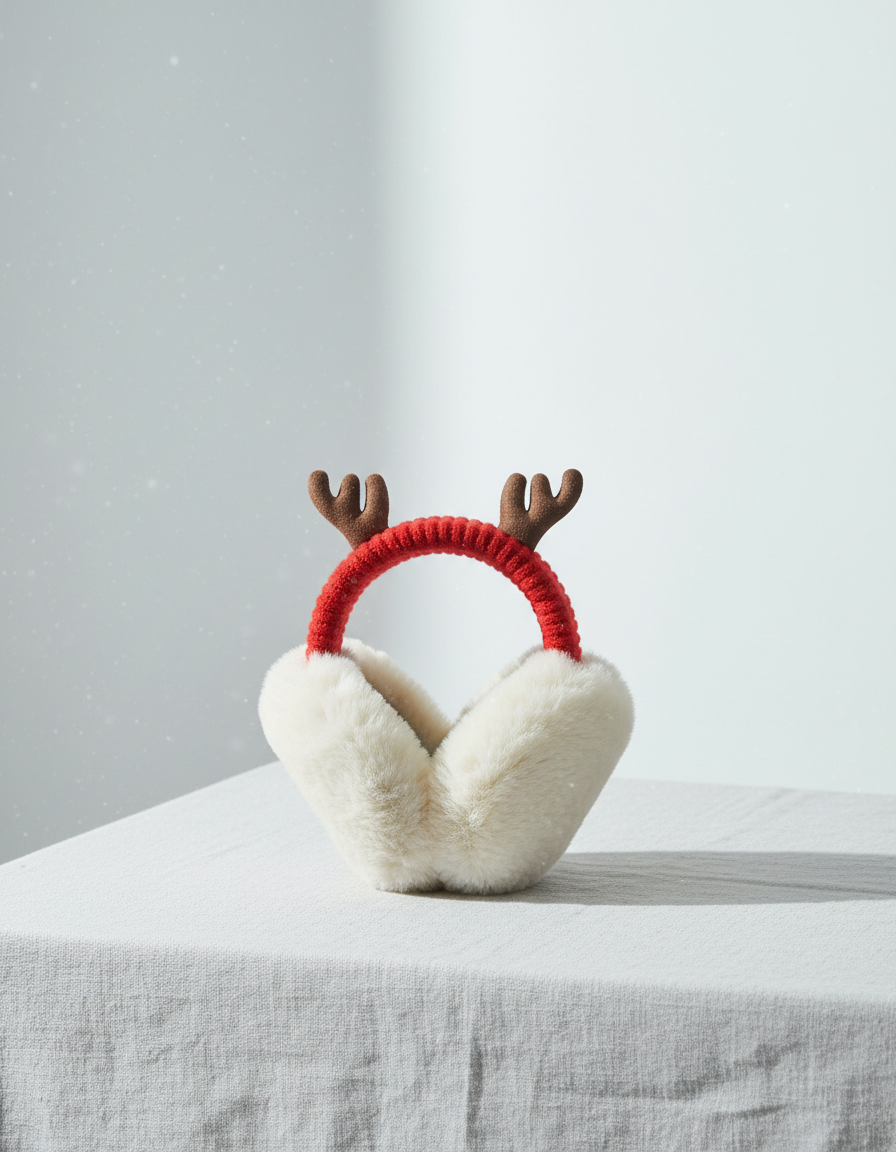 Soft faux fur plush earmuffs on pale snow-grey linen