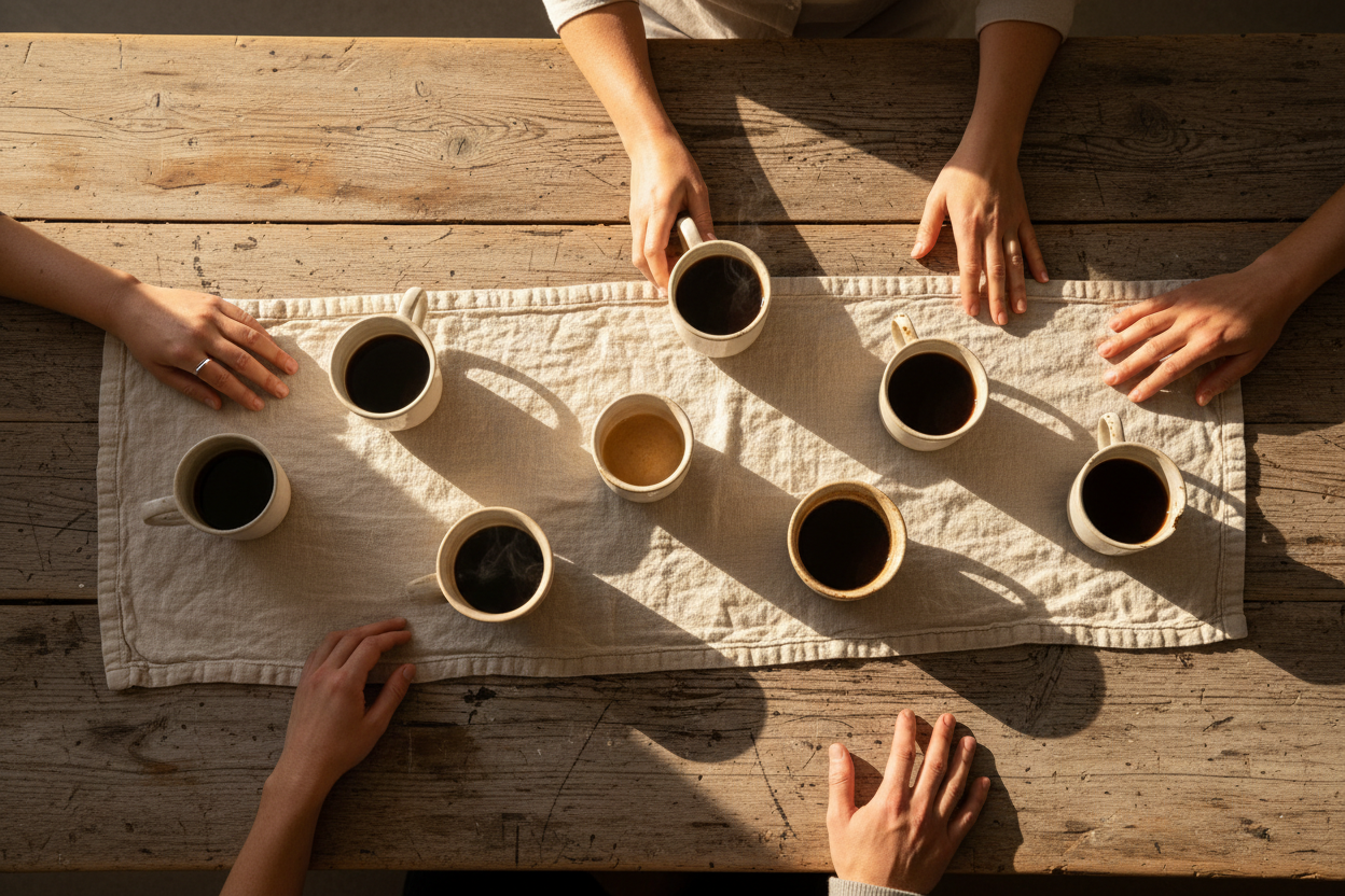 Mugs of coffee on a long wooden communal table with hands reaching in
