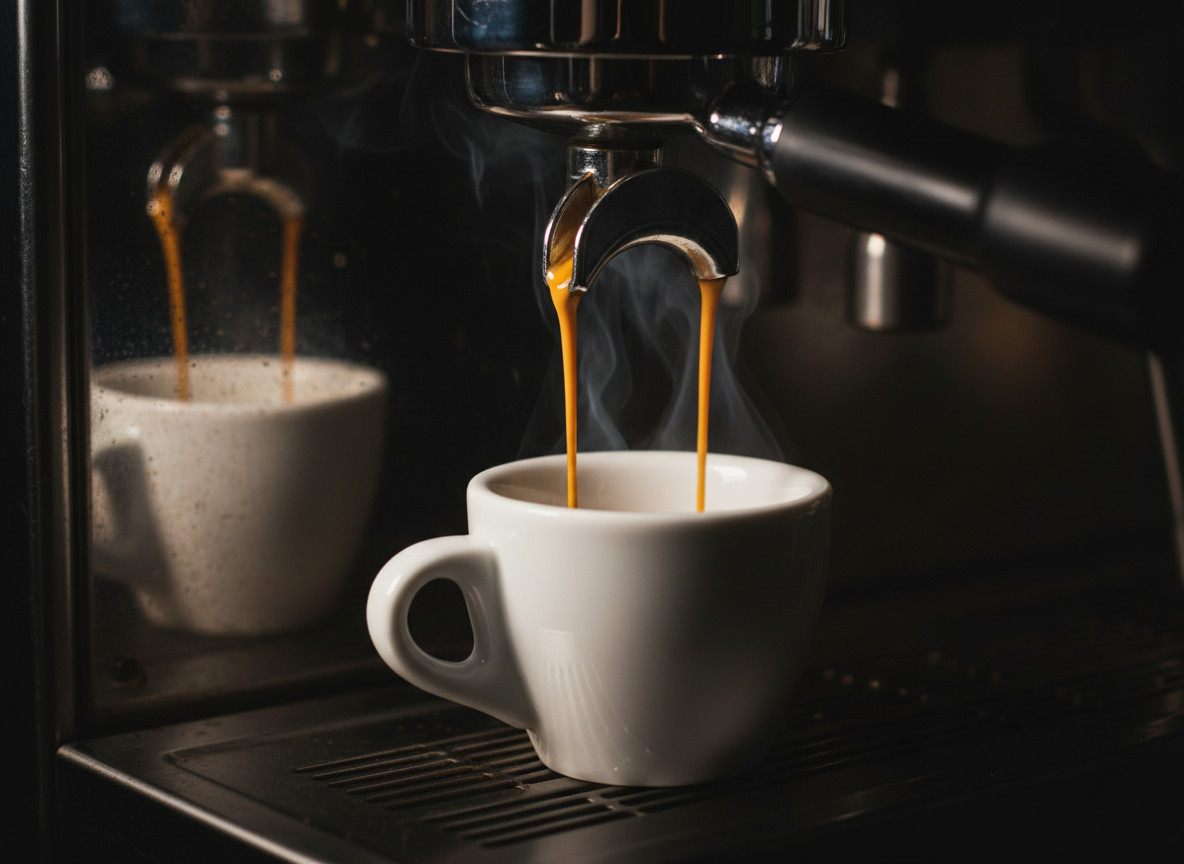 A double espresso extracting from a chrome portafilter into two small cups
