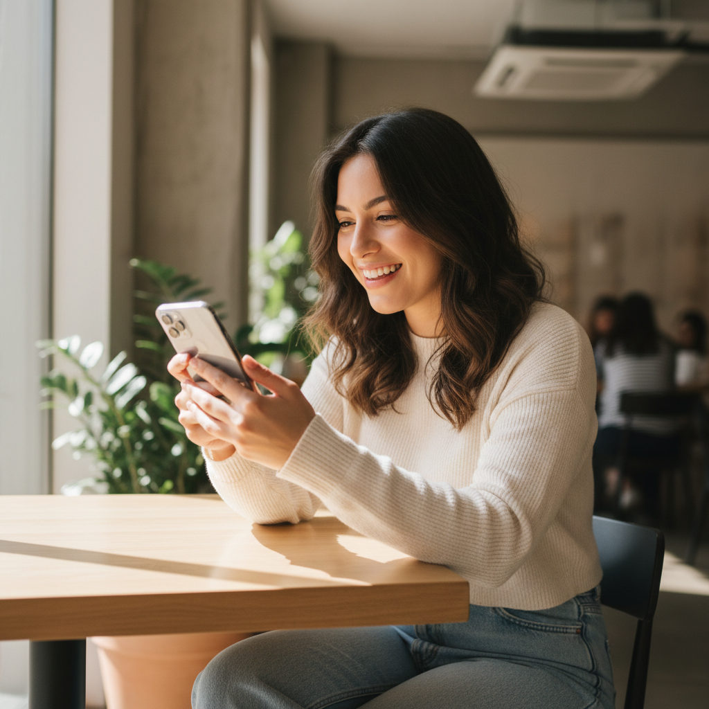 Clienta de iFresh Perú sonriendo con su iPhone nuevo