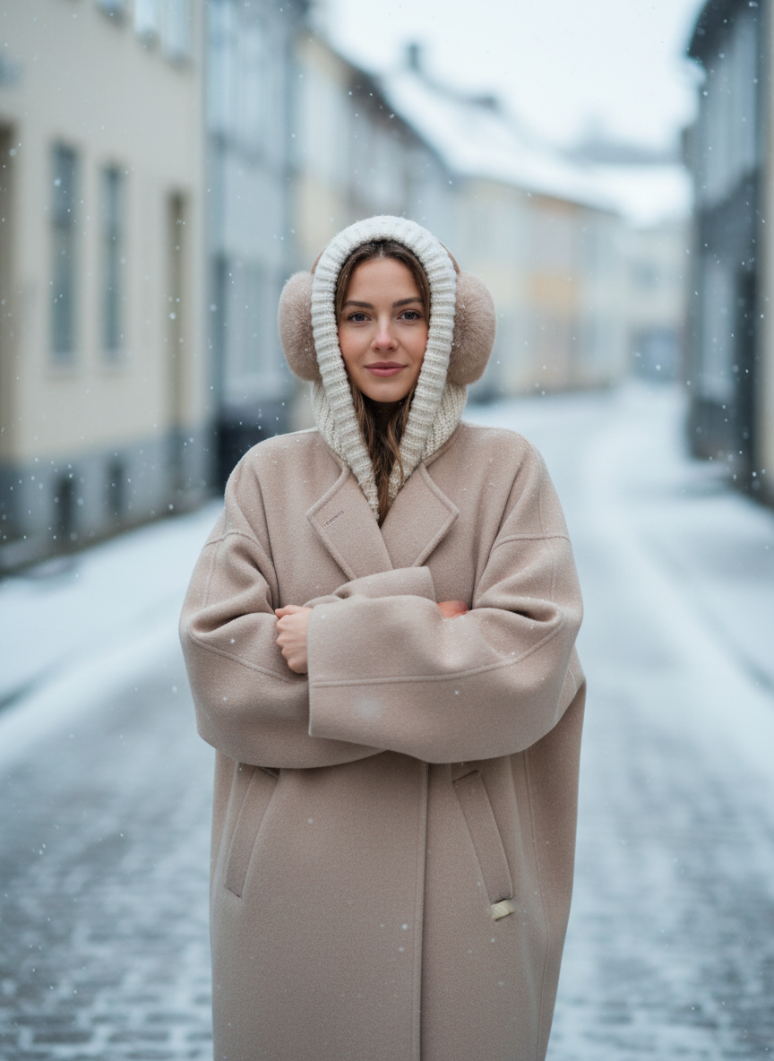 Woman in a beige wool coat with a knitted hood and faux fur earmuffs in falling snow
