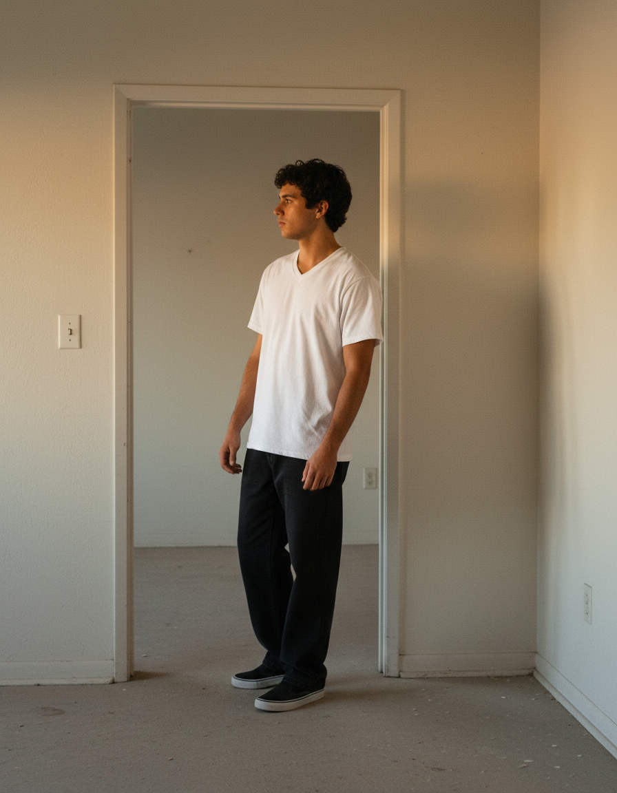 A young adult standing in an empty room in a white tee, looking toward the light