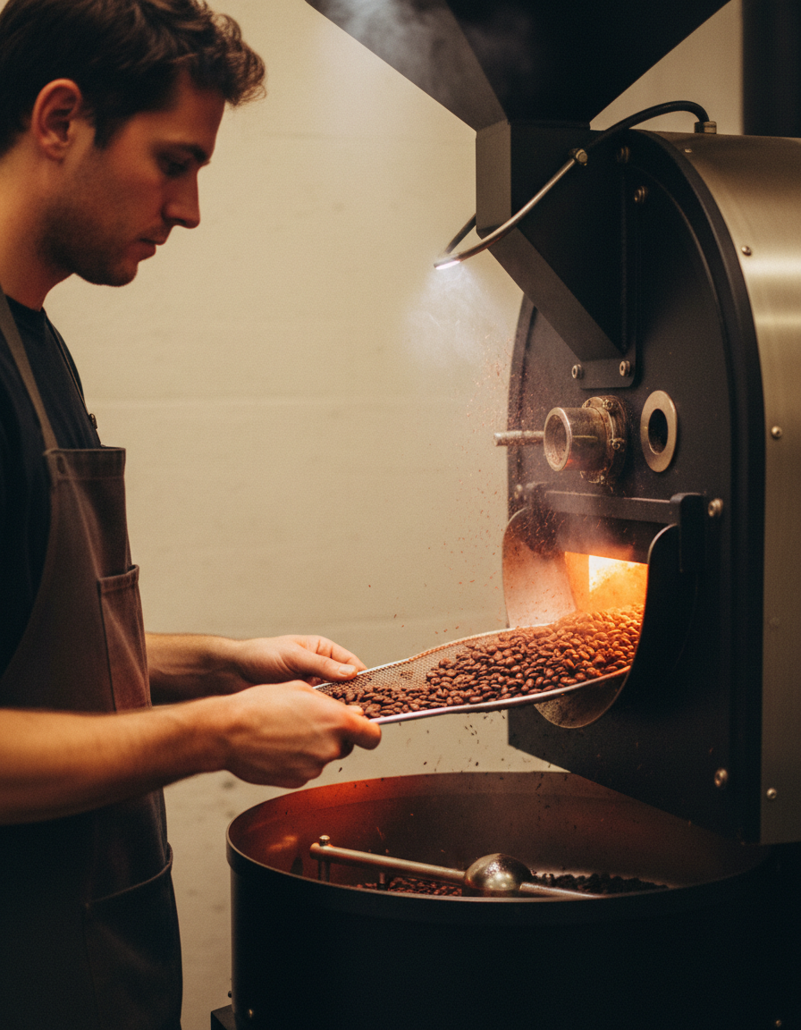 Roaster pulling a metal trier from a drum roaster to check the colour of the beans