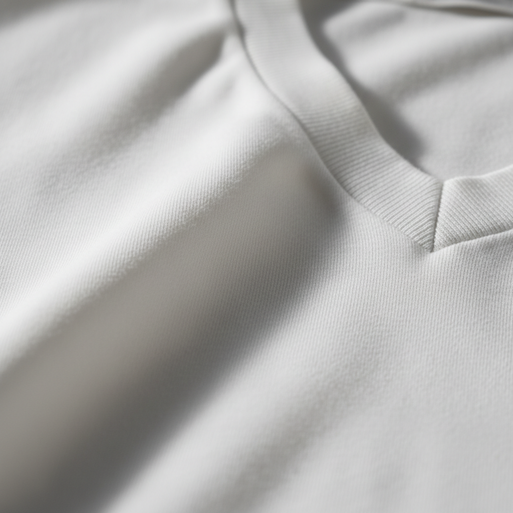 Close detail of soft white cotton jersey and the ribbed v-neck collar