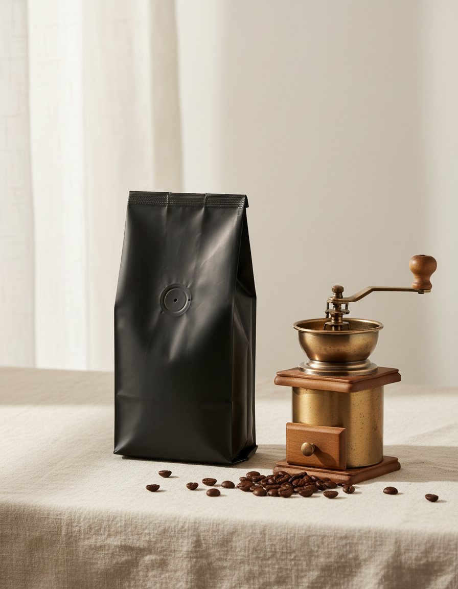African Espresso bag on cream linen beside a brass hand grinder