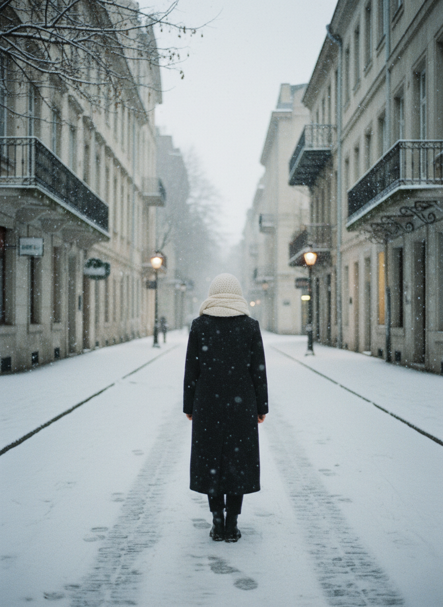 Person in a charcoal wool coat walking down a snowy street