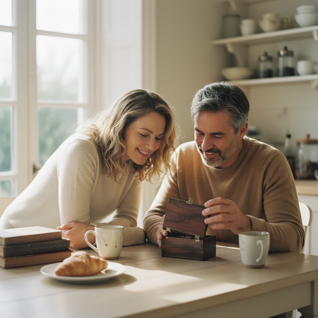 A husband opening a keepsake gift box at the kitchen table