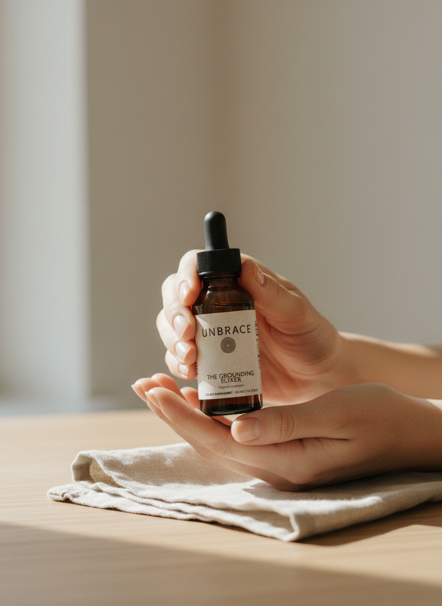 Hands cradling the amber Grounding Elixer dropper bottle over a linen napkin at a wooden table