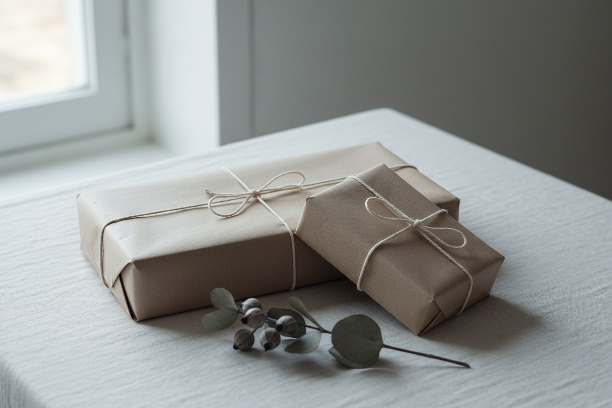 Parcels wrapped in kraft paper and cotton twine on a linen surface