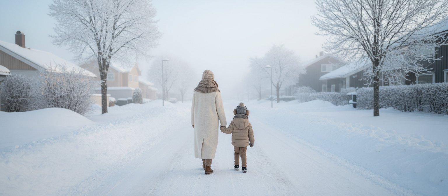 Mother and child walking hand in hand along a snow-covered street on a frosty morning