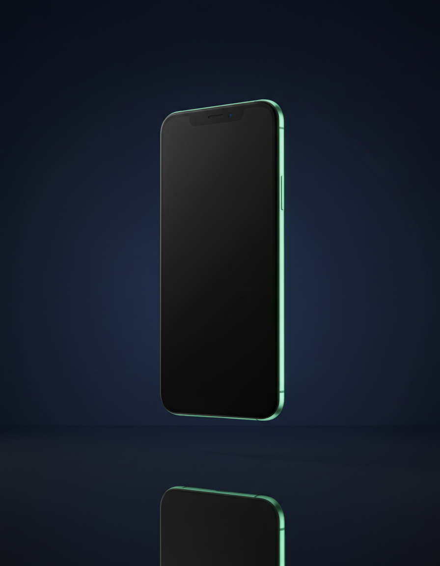 iPhone negro sobre fondo azul profundo con luz verde menta