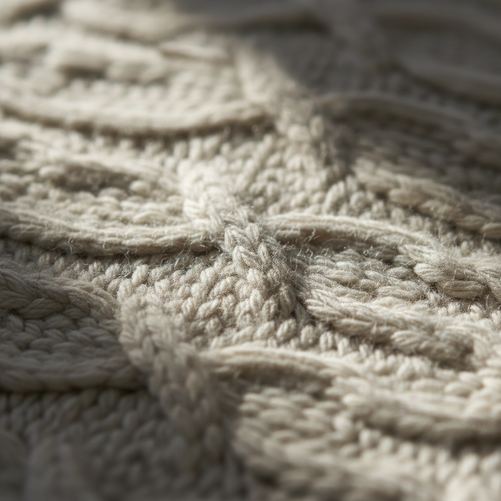 Close-up of cream cable-knit wool